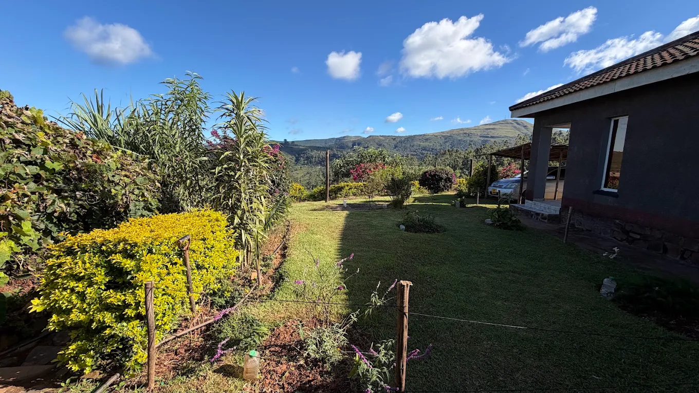 Garden lawns at Eland Mountain Lodge with views toward the Chimanimani mountain range