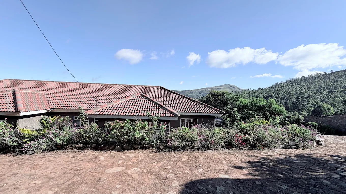 Eland Mountain Lodge guest house frontage in morning sunshine with flower beds, cobbled forecourt and Chimanimani hills behind