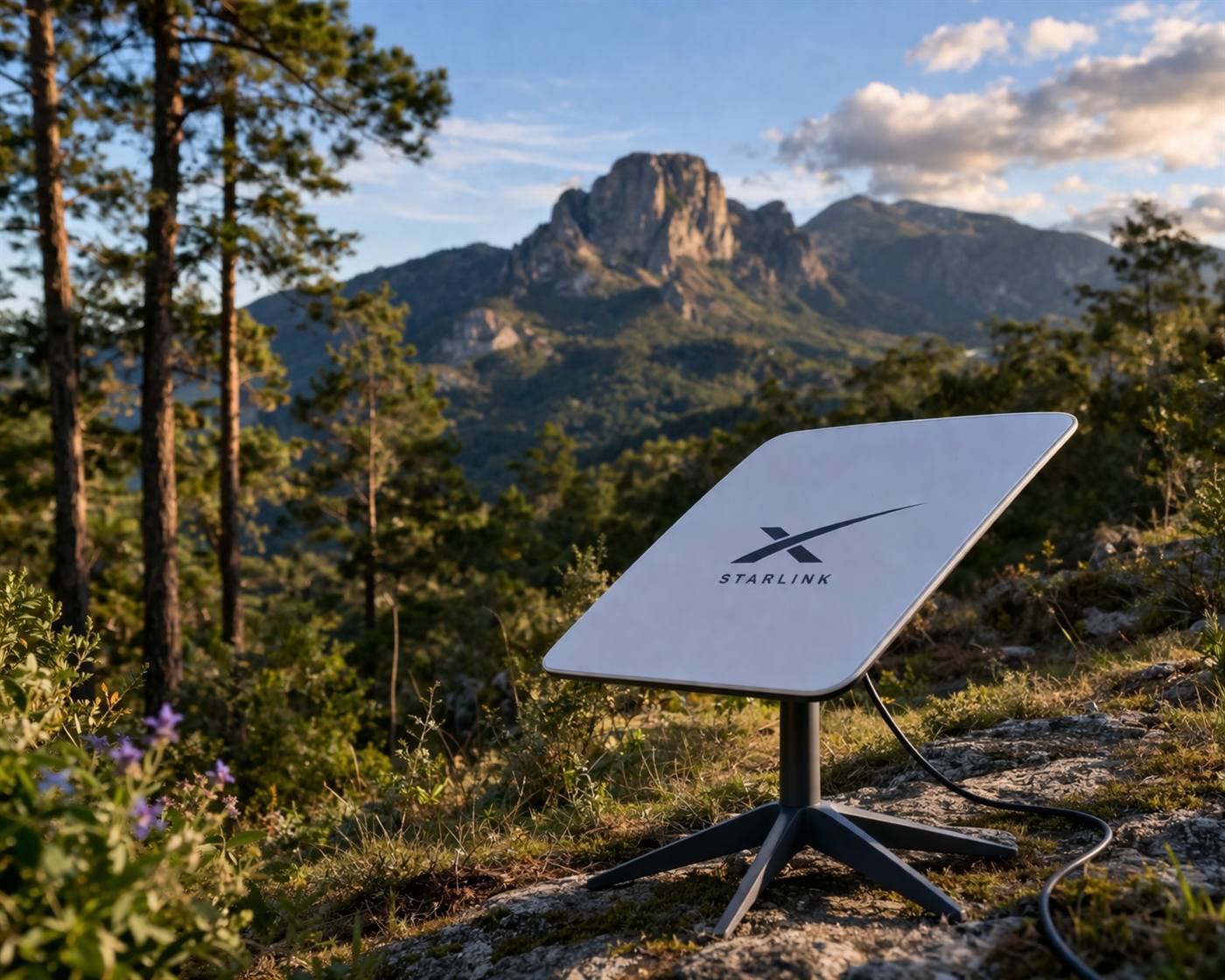 Starlink satellite internet dish with mountain backdrop — free fast Wi-Fi at Eland Mountain Lodge